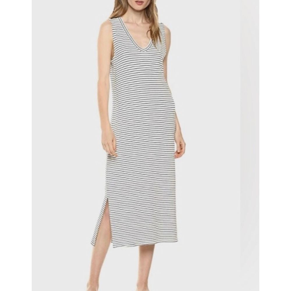 Daily Ritual Womens Dress Size S Midi V-Neck Black &‎ White Stripe Rayon Blend